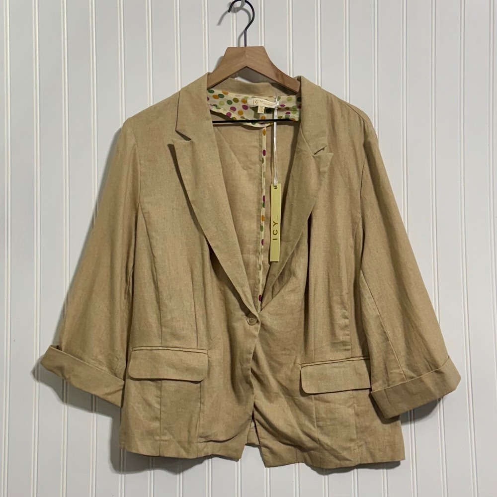 NWT ICY Fashion Beige Linen Blazer Jacket Size 3XL 3/4 Sleeve‎ Boho Minimalist